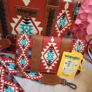 Wrangler Red Aztec Crossbody Wallet with Turquoise & Tan Accents